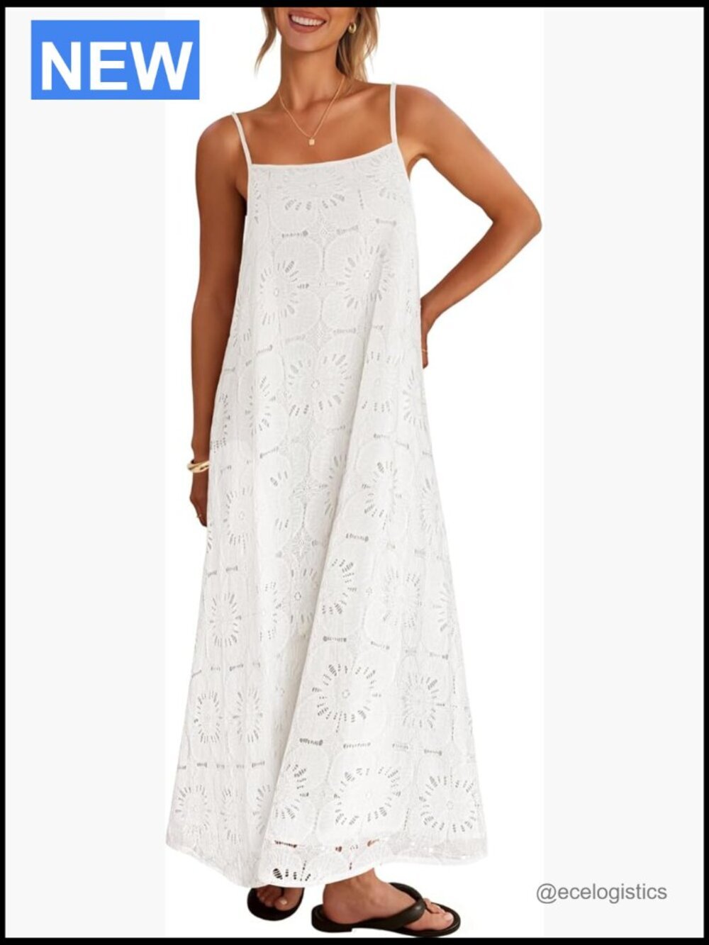 Sleeveless Spaghetti Strap Boho Lace Eyelet Maxi Dress W